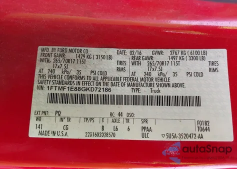 2016 Ford F-150 Xl z USA, uszkodzony, nr VIN 1FTMF1E88GKD72186